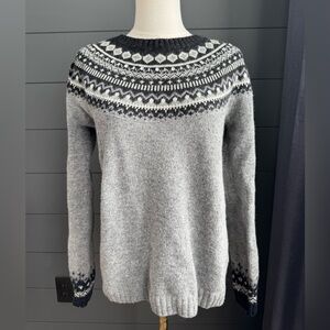 Kenar Black, White & Gray Wool Blend Nordic Fair Isle Rhinestone Sweater Sz Lg